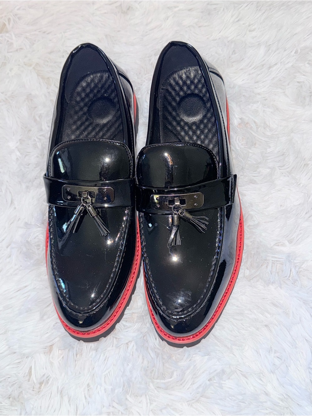 Black Patent Tassel Slip-On Loafers with Red Sole Accent